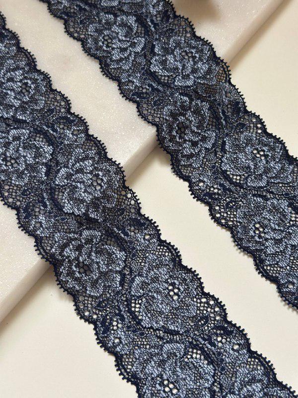 Navy Blue Floral Slight Stretch Lace Trim, 2.15" Gentle Elastic Ribbon, Lingerie Lace, Coquette Craft Supply, DIY Sewing, Retail Wholesale