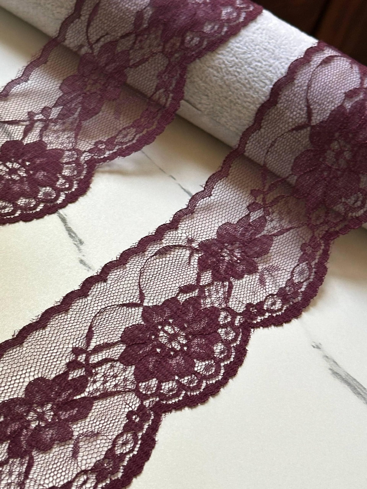 10yds Burgundy Floral Lace Trim by Yard, Non Stretch Drape Ribbon, Soft Skin Friendly Coquette Craft Supply, 2", Retail Wholesale Bulk