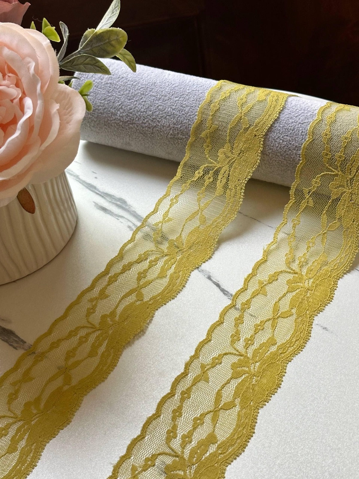 10yds Mustard Yellow Floral Lace Trim by Yard, Non Stretch Drape Ribbon, Soft Skin Friendly Coquette Craft Supply, 2", Retail Wholesale Bulk