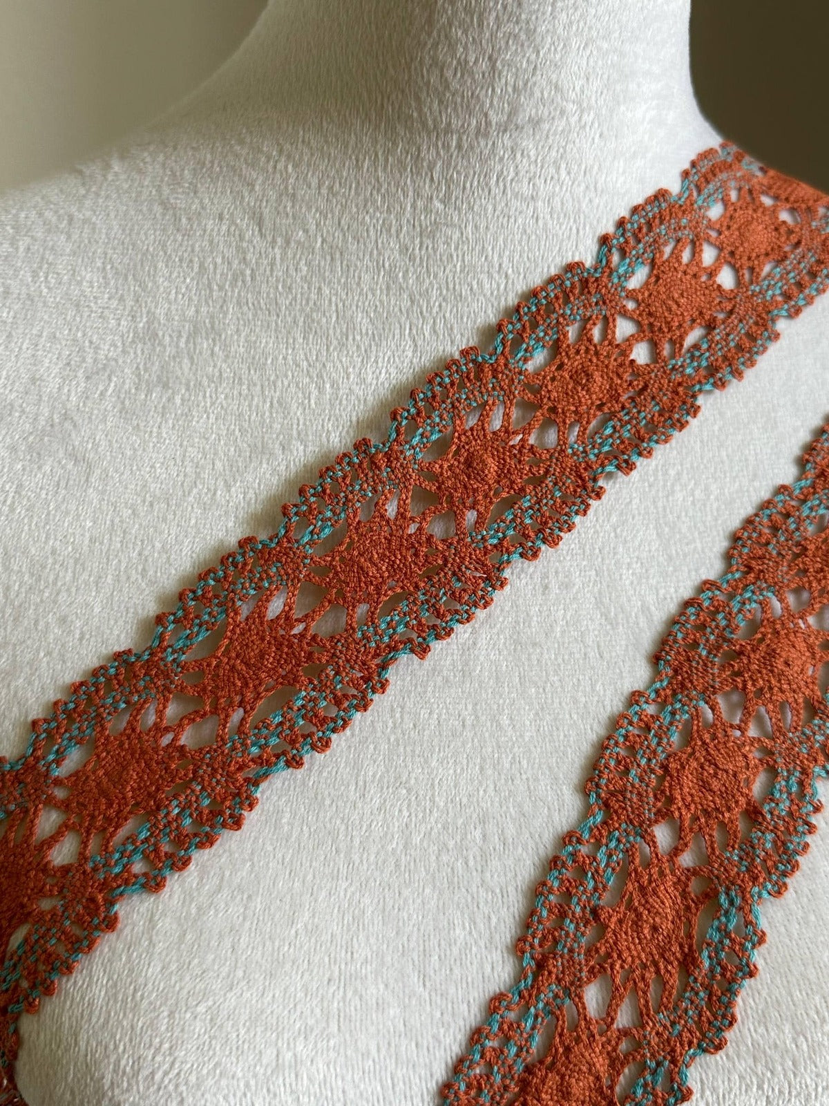1.5" Crochet Cotton Lace Trim Rust Orange & Teal, Two Tone Geometric Non-Stretch Ribbon for Cottagecore Sewing, Boho Folk Costume  by Yard