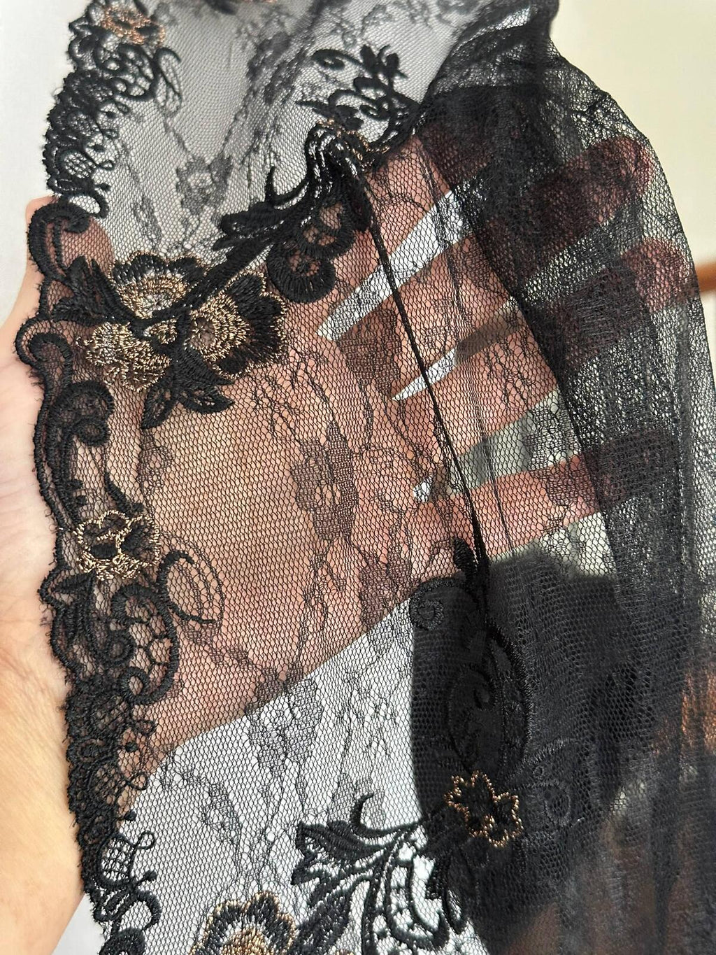 1Yd Non-Stretch 10" Black Floral Chantilly Embroidered Lace Trim, Wholesale