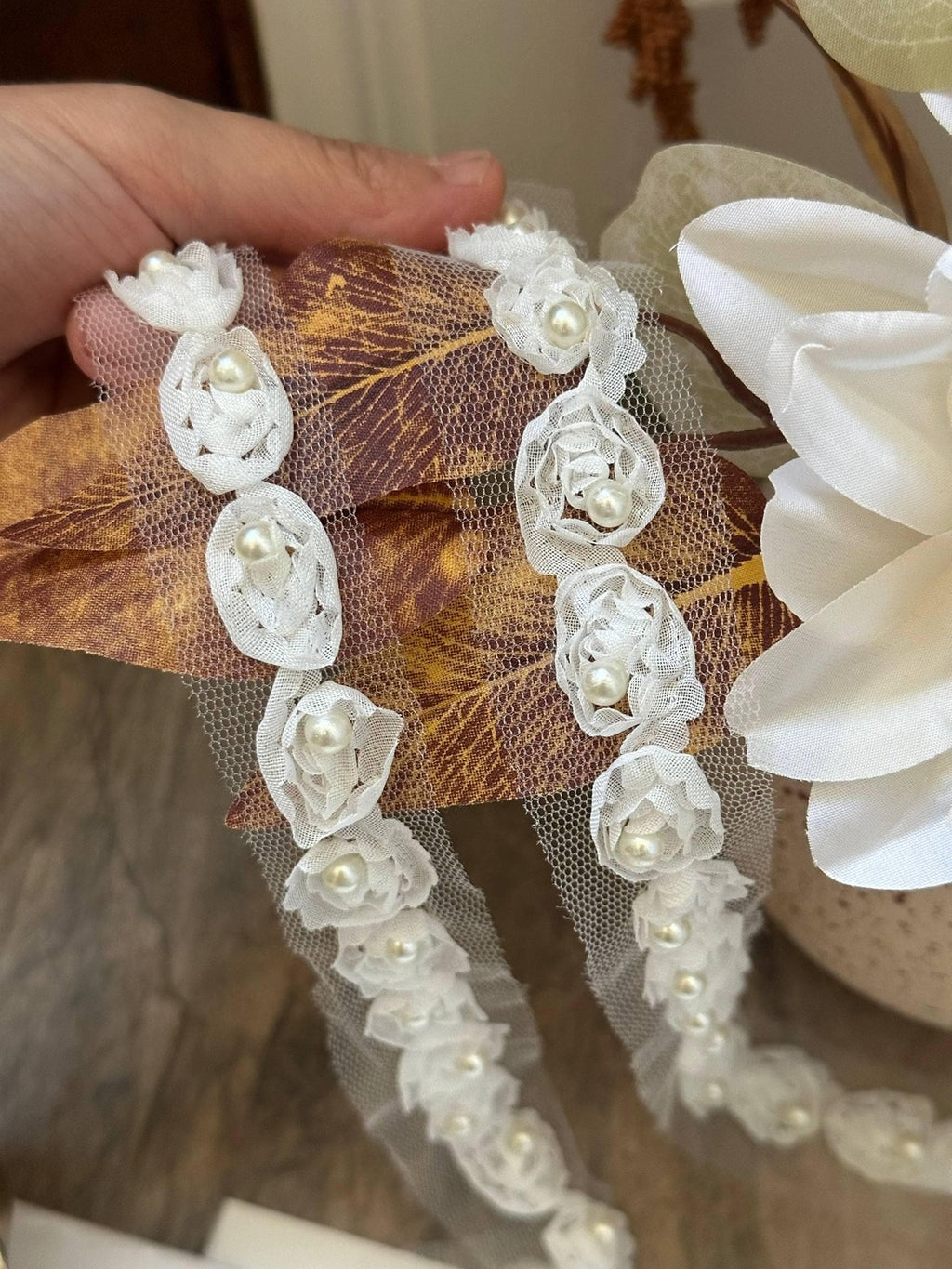 Off White Pearl Beaded Floral Lace Trim, 3D Organza Ribbon, Soft Skin Friendly Coquette Craft Supply, 0.75", Retail Wholesale Bulk