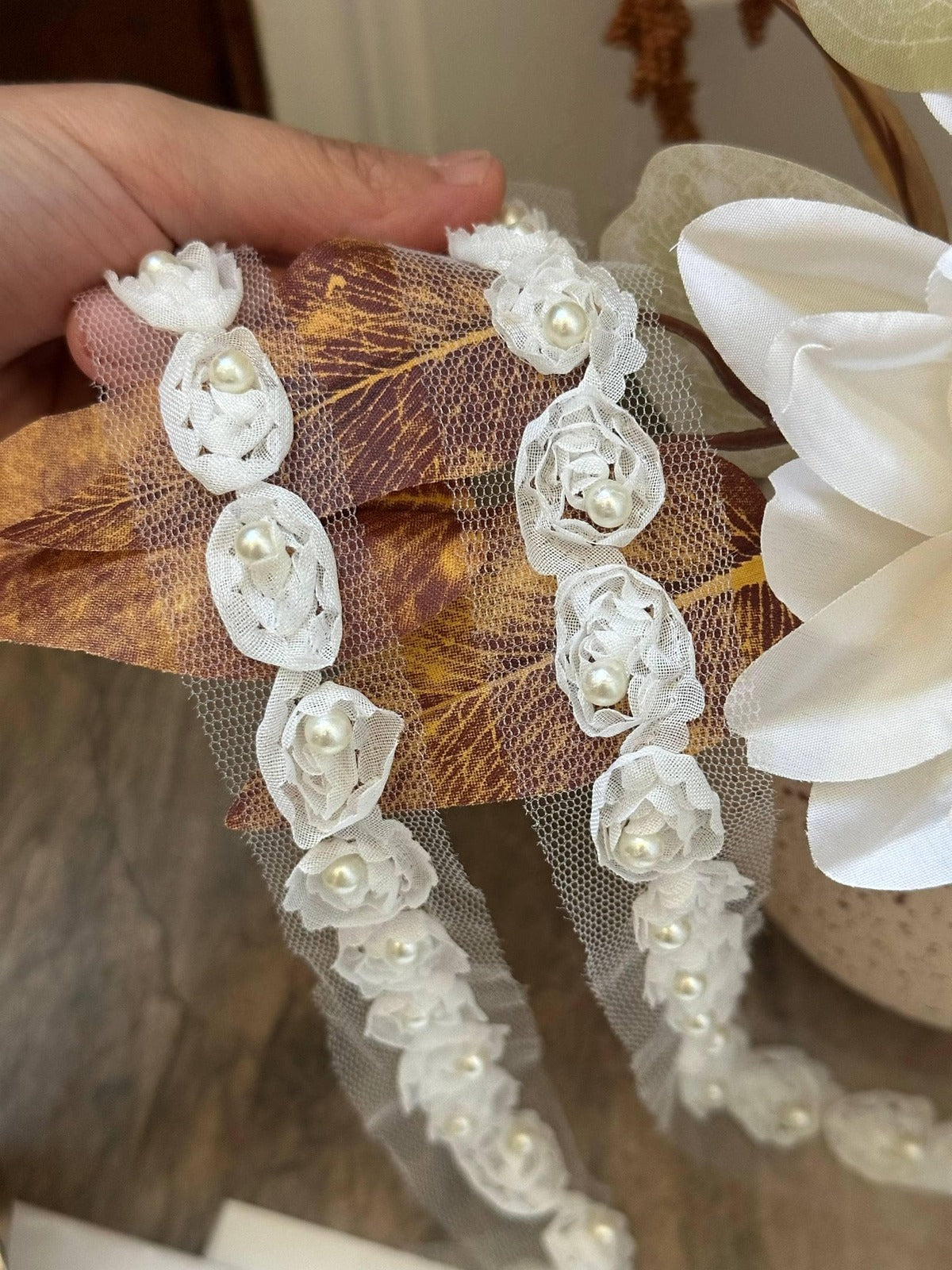 Off White Pearl Beaded Floral Lace Trim, 3D Organza Ribbon, Soft Skin Friendly Coquette Craft Supply, 0.75", Retail Wholesale Bulk