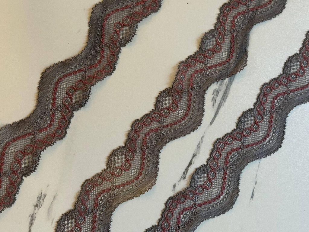10yds Two Tone Charcoal & Rusty Red Stretch Scalloped Wavy Lace Trim for Lingerie Crafts Sewing, 1.5" Retail Wholesale