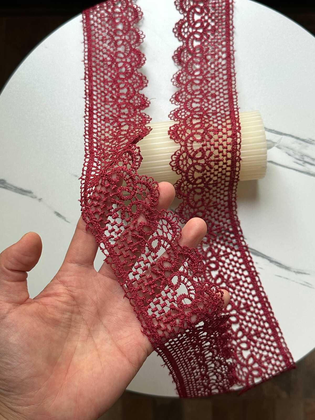 Burgundy Wine Red Venetian Guipure Chemical Water Soluble Lace Trim Symmetrical Double Scalloped Non Stretch Ribbon for Gowns Crafts, 2.5"