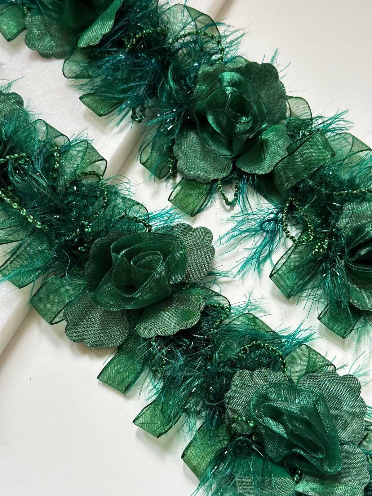 Emerald Green 3D Organza Rose Feather Beaded Trim, Wide Ribbon Garland, Coquette Craft Supply, 3", Retail Wholesale Bulk