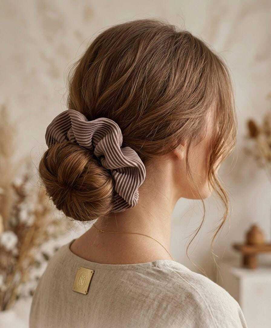 2pcs Pleated Satin Scrunchie Large Fluffy Hair Cloud - Creamy Mocha Dusty Mauve Hair Tie, Coquette Aesthetic Academic Satin