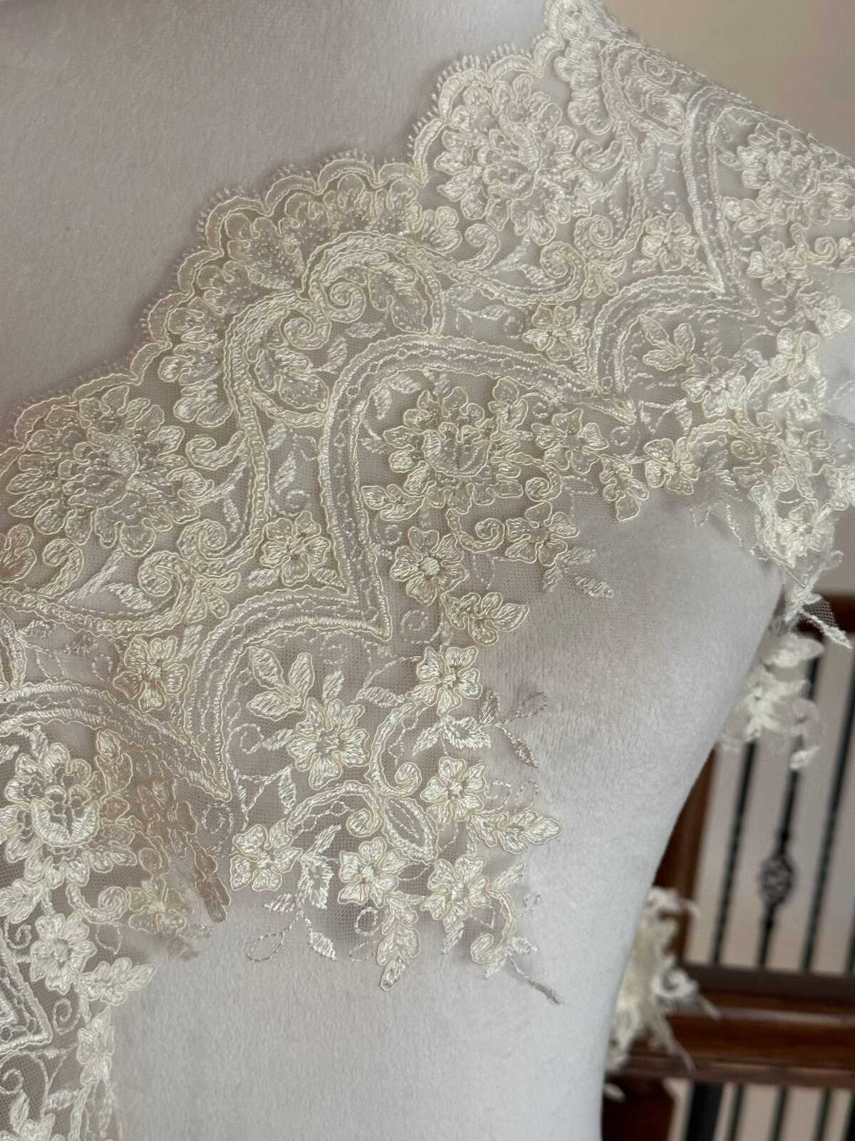 1Yd Non-Stretch 8.5" Off-White Corded Floral Bridal Mesh Lace Trim Wholesale