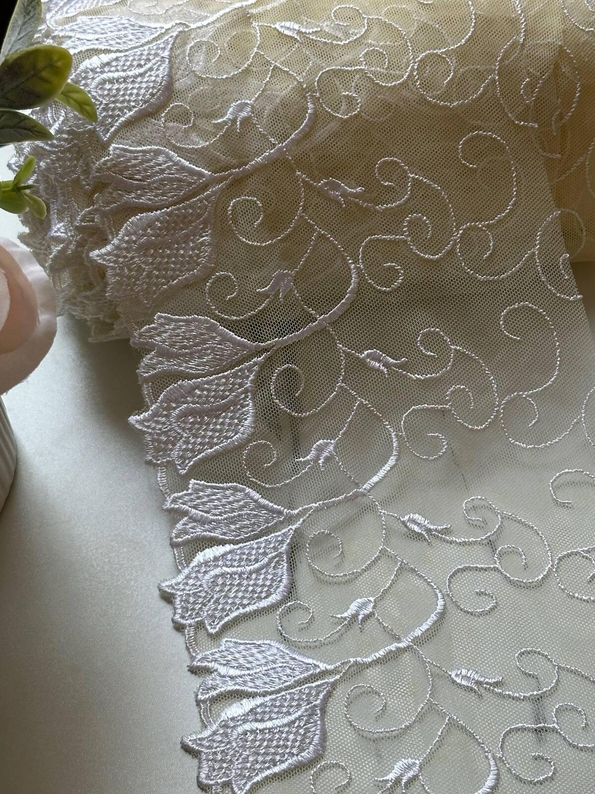 Butter Yellow Ivory Floral Embroidered Mesh Lace Trim by Yard, Tulip Scalloped Tulle Ribbon, 5.3", Retail Wholesale Bulk