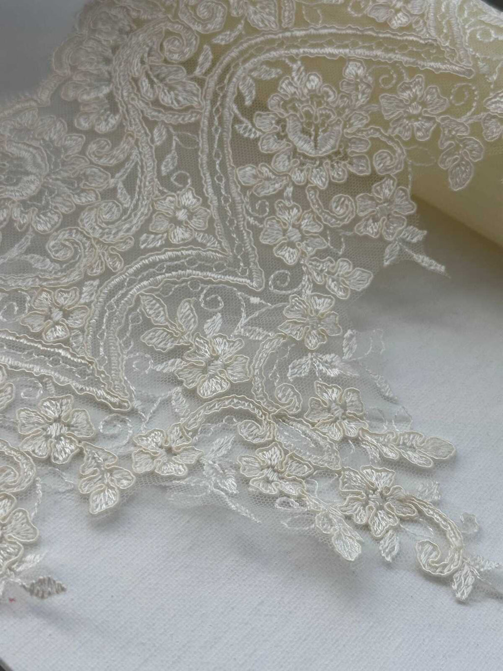 1Yd Non-Stretch 8.5" Off-White Corded Floral Bridal Mesh Lace Trim Wholesale