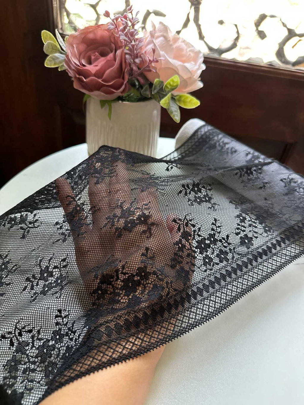 Classic Onyx Black Floral Slight Stretch Lace Trim Symmetrical Double Edge Extra Wide Galloon Ribbon for Corsets Gowns Crafts, 8.5"