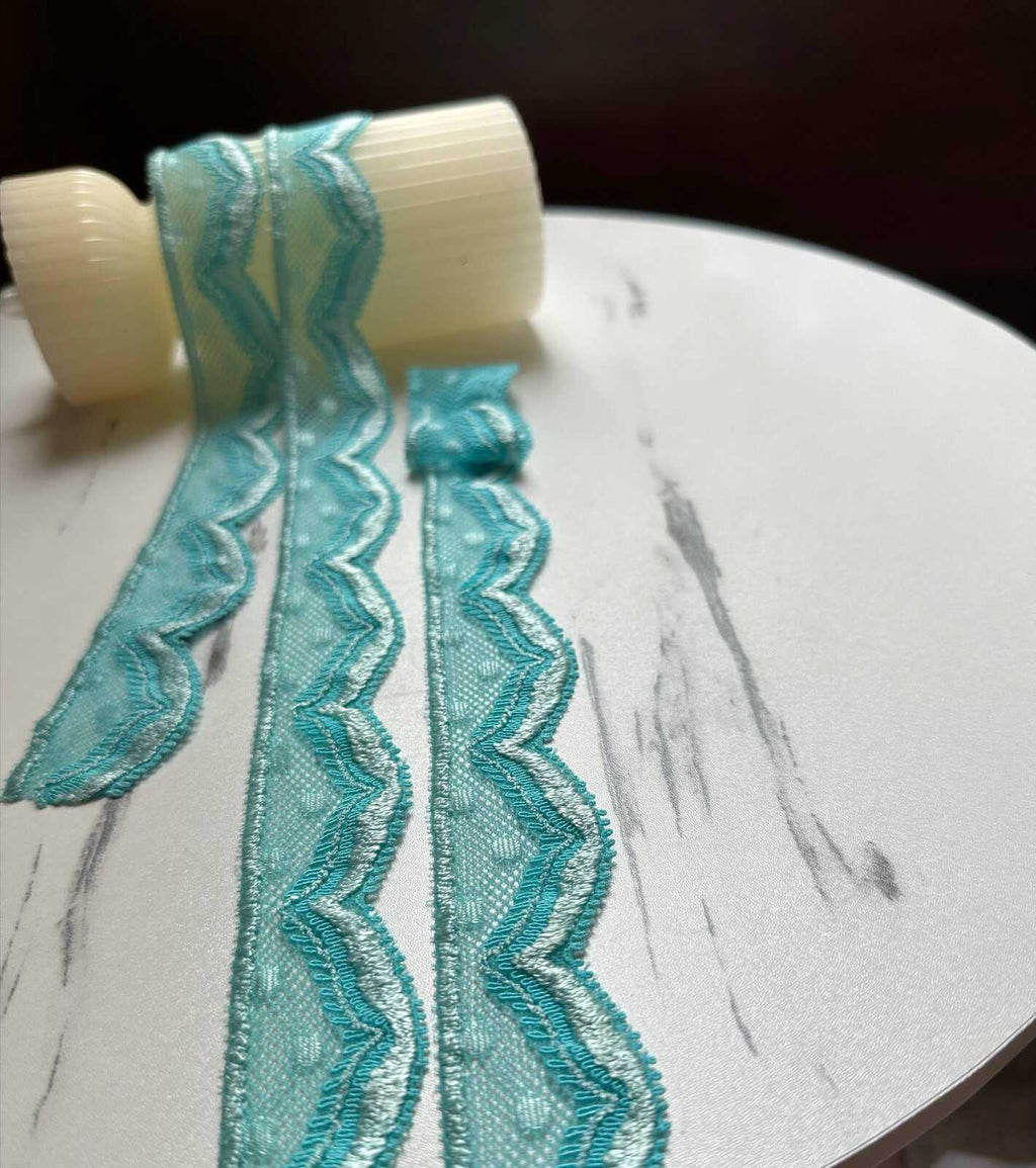 10yds Mint Aqua Turquoise Swiss Dot Elastic Stretch Lace Trim Symmetrical Double Scalloped Narrow Ribbon for  Crafts Sewing, 1.1"  Wholesale