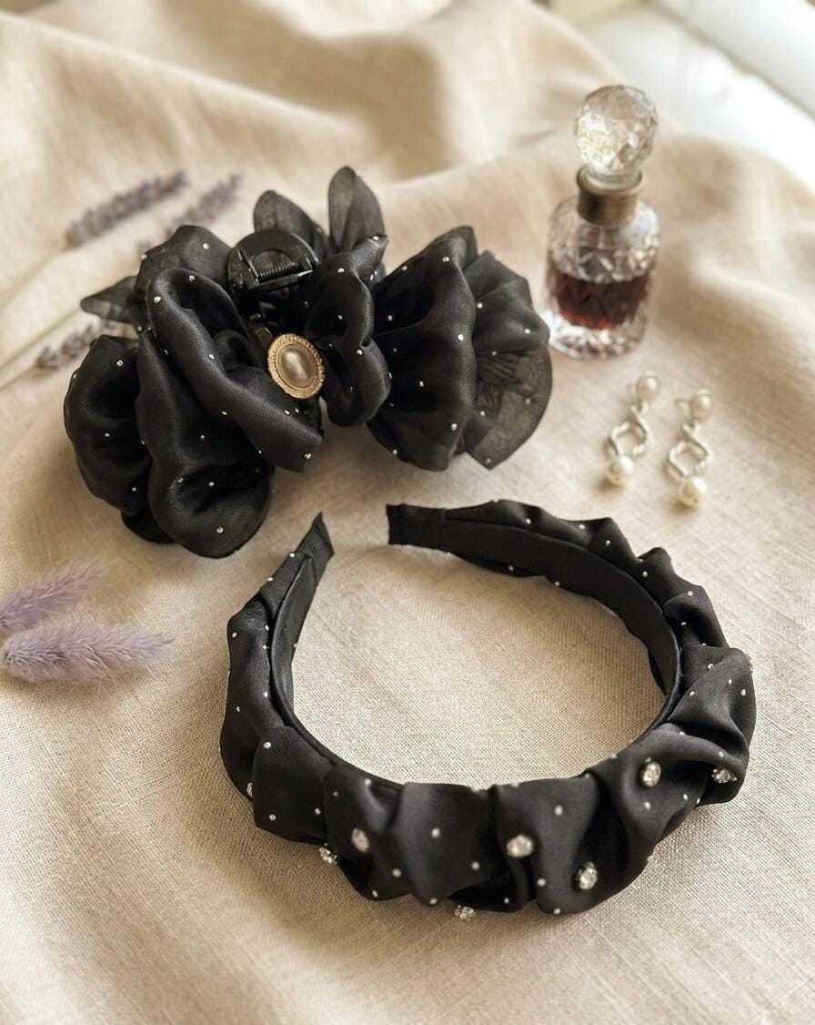 2Pcs Bundle   Handmade Black Rhinestone Mesh Hair Claw Clip and Headband Set, Sparkly Gothic Glam Tulle Hair Accessories  Prom Party Gift