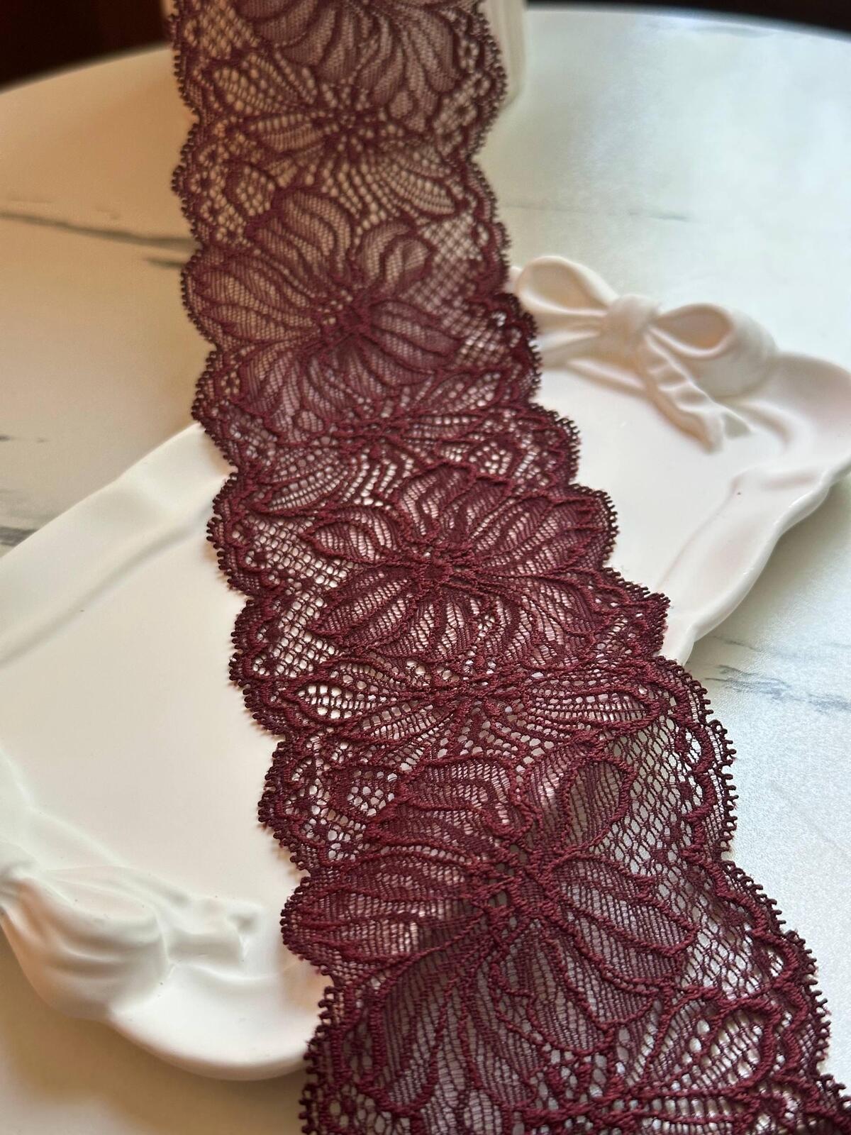 Burgundy Wine Red Floral Stretch Lace Trim by the Yard, Scalloped Elastic Ribbon for Coquette Lingerie Apparel Crafts, 2.8"