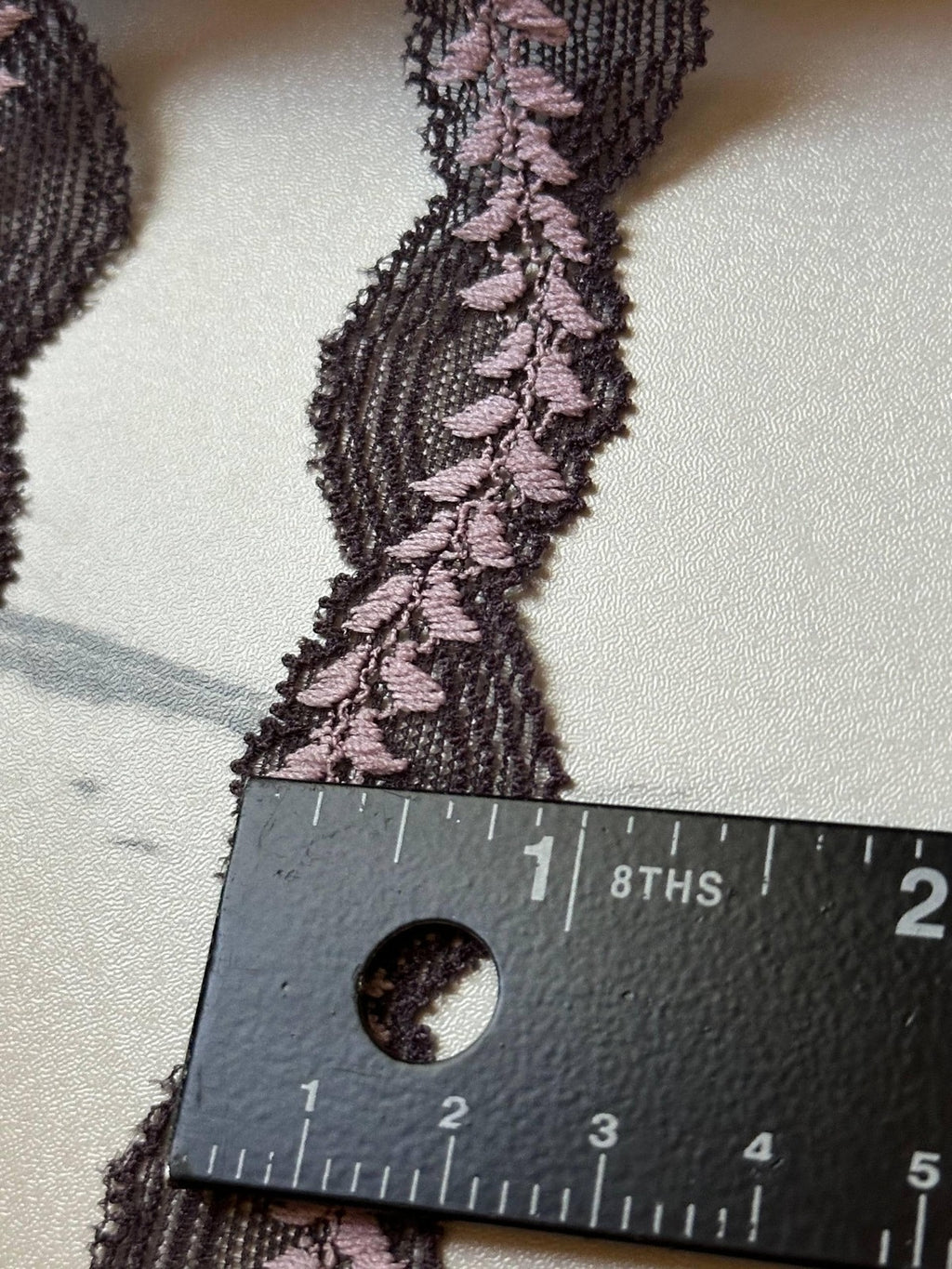 10yds Soft Dusty Mauve on Dark Brown Leafy Vine Stretch Lace Trim by the Yard, Narrow Elastic Ribbon, 0.85", Retail Wholesale Bulk