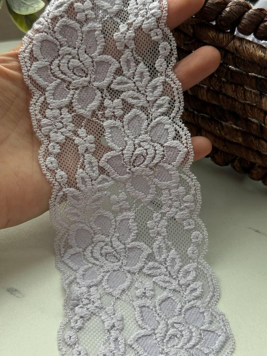 10Yds Stretch 3.2" Light Purple Embossed Floral Scalloped Stretch Lace Trim