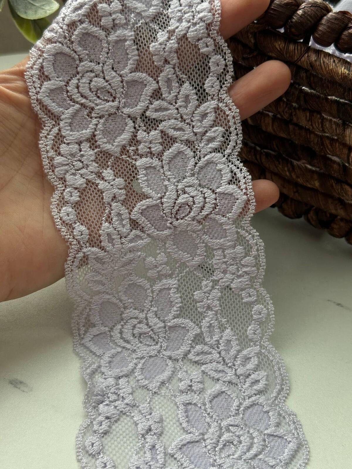 10Yds Stretch 3.2" Light Purple Embossed Floral Scalloped Stretch Lace Trim