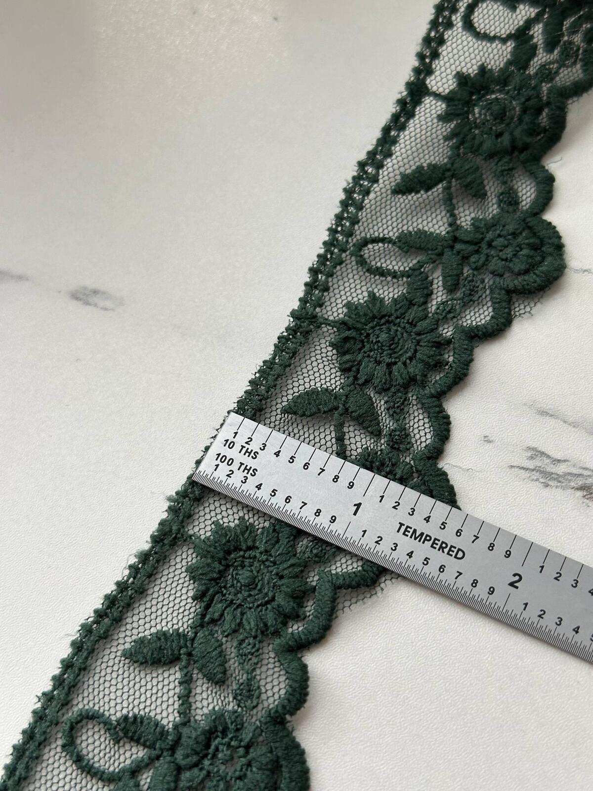 6Yds Non-Stretch 1.5" Dark Forest Green Cotton Embroidered Mesh Lace Trim