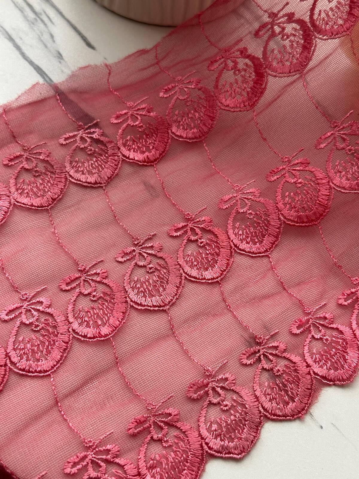 1Yd Non-Stretch 7" Pink Strawberry Tulle Mesh Embroidered Lace Trim Wholesale