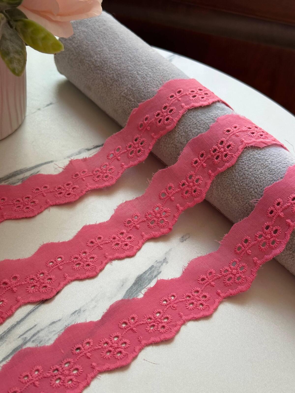 10yds  Coral Pink Cotton Eyelet Lace Trim by the Yard, Embroidered Floral Scalloped Lawn Ribbon for Apparel Crafts, 1" Retail Wholesale
