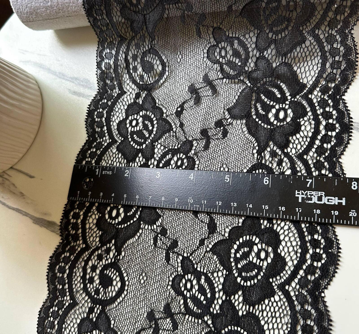 Black Floral Wide Slight Stretch Lace Trim, Gentle Elastic Ribbon, Coquette Craft Supply, 7.5", Retail Wholesale Bulk