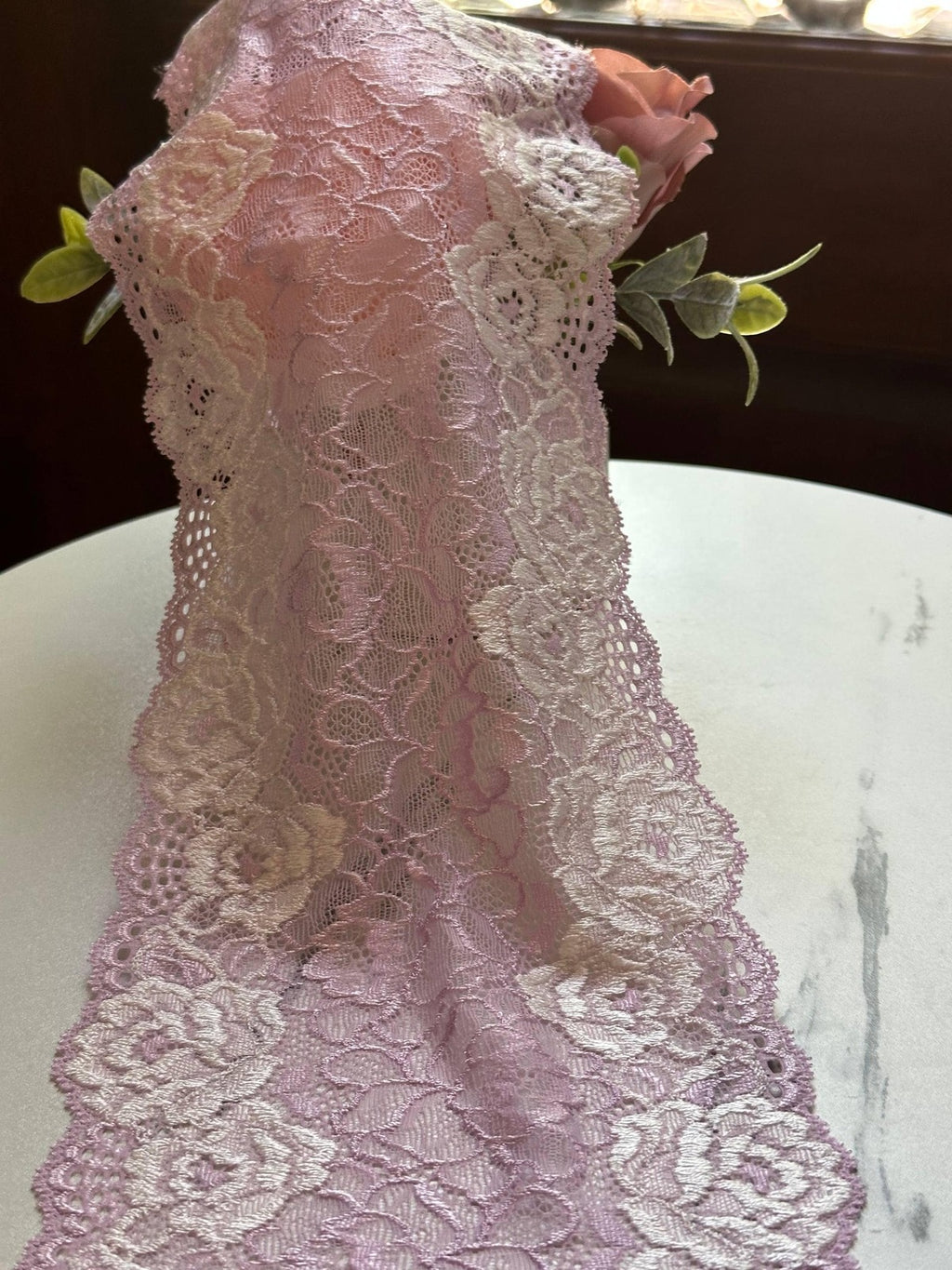 Soft Lavender Pink Two Tone Wide Floral Stretch Lace Trim by the Yard, Scalloped Elastic Ribbon, 5.7", Retail Wholesale Bulk