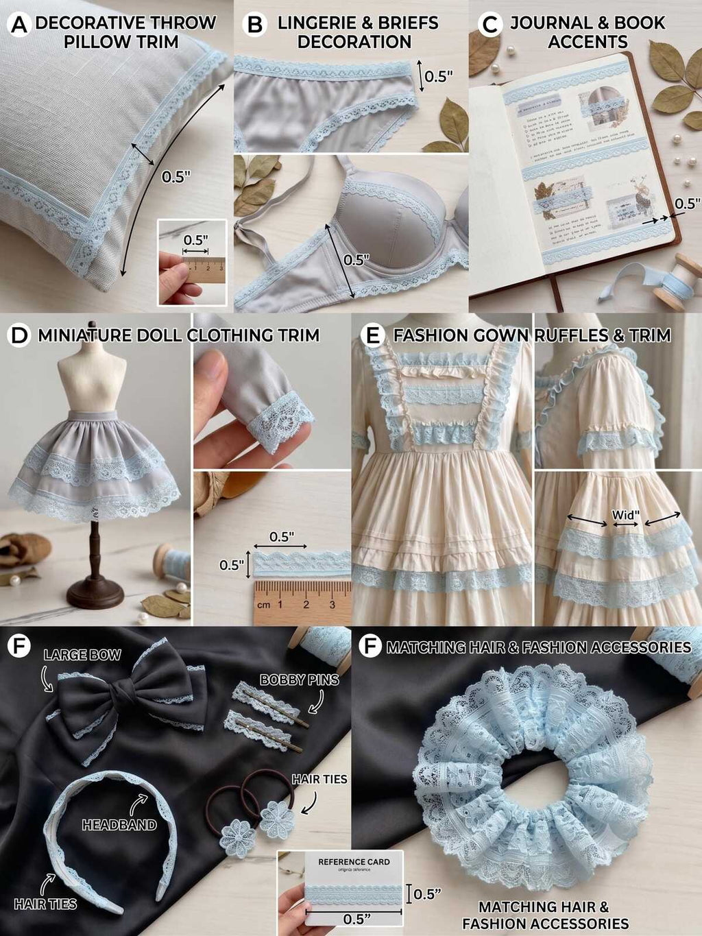 10yds Soft Ice Blue Floral Stretch Lace Trim , Narrow Scalloped Elastic Ribbon for Coquette Lingerie Crafts, 0.5",Retail Wholesale Bulk
