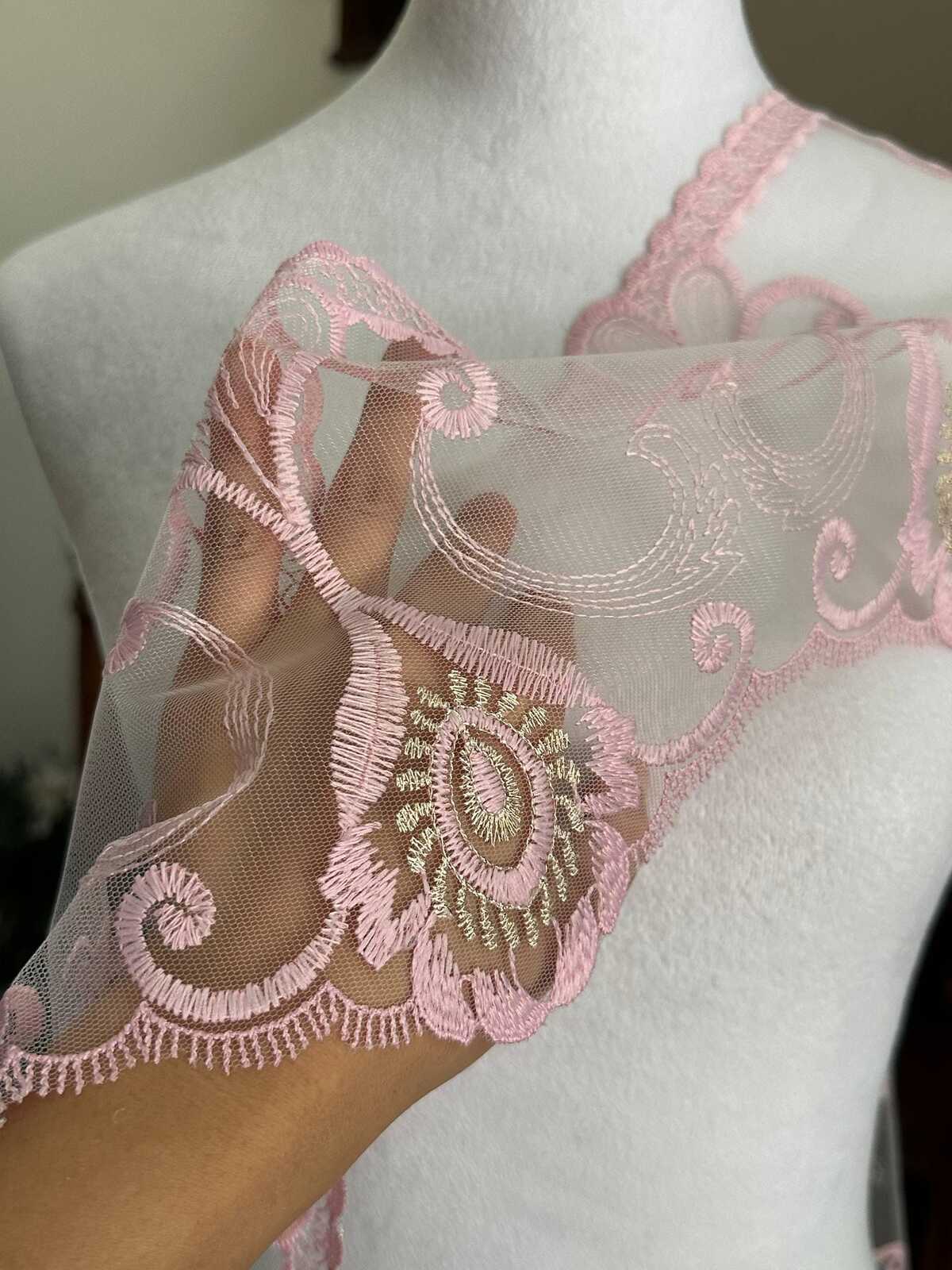 Dusty Pink Gold Embroidered Organza Lace Trim by the Yard, Wide Structured Scroll Ribbon for Curtain Pillow Home Decor Crafts, 7.2"