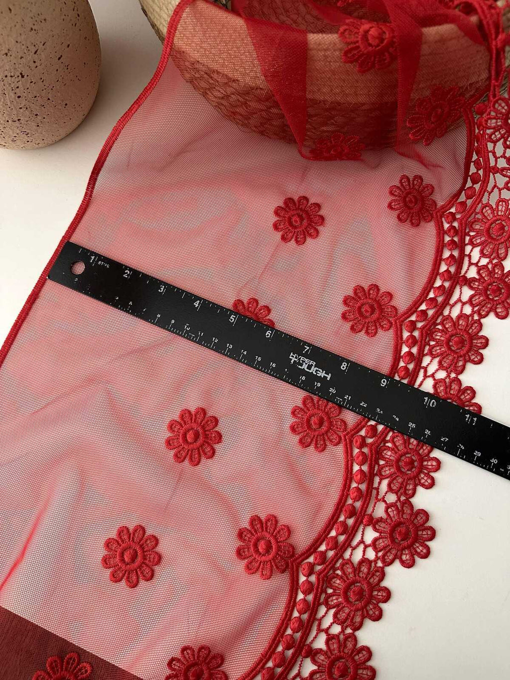 3Yds Non-Stretch 11" Red Daisy Floral Mesh Embroidered Lace Trim, Wholesale