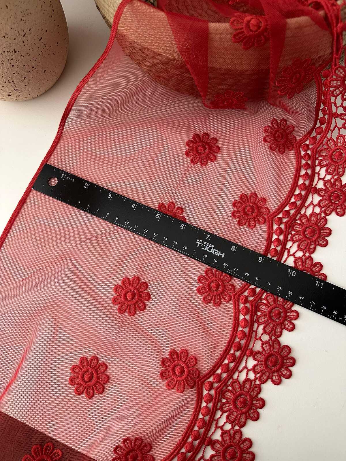 3Yds Non-Stretch 11" Red Daisy Floral Mesh Embroidered Lace Trim, Wholesale