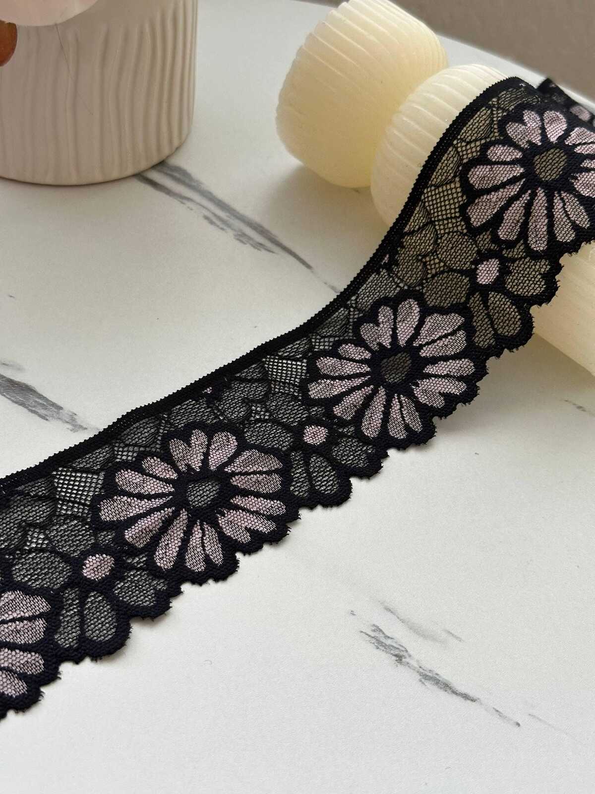 5Yds Stretch 2.3" Black Pink Daisy Floral Scalloped Stretch Lace Wholesale