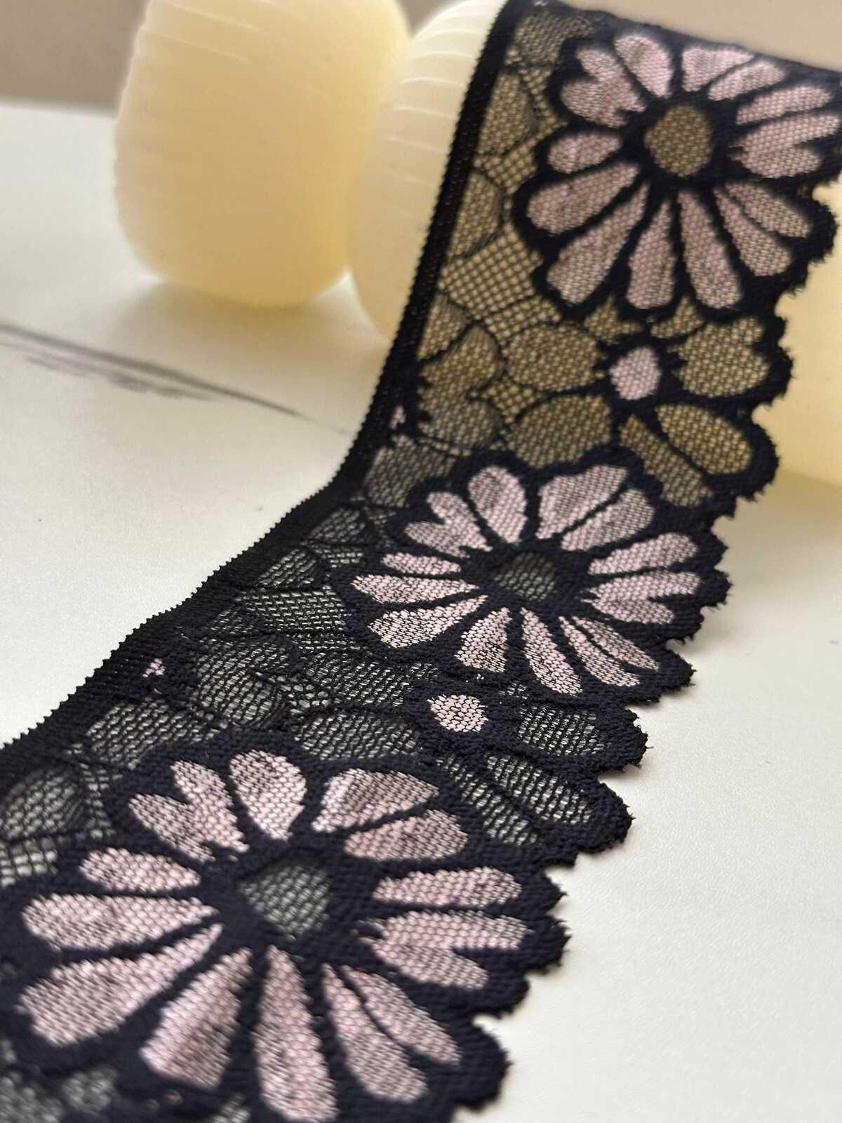 5Yds Stretch 2.3" Black Pink Daisy Floral Scalloped Stretch Lace Wholesale