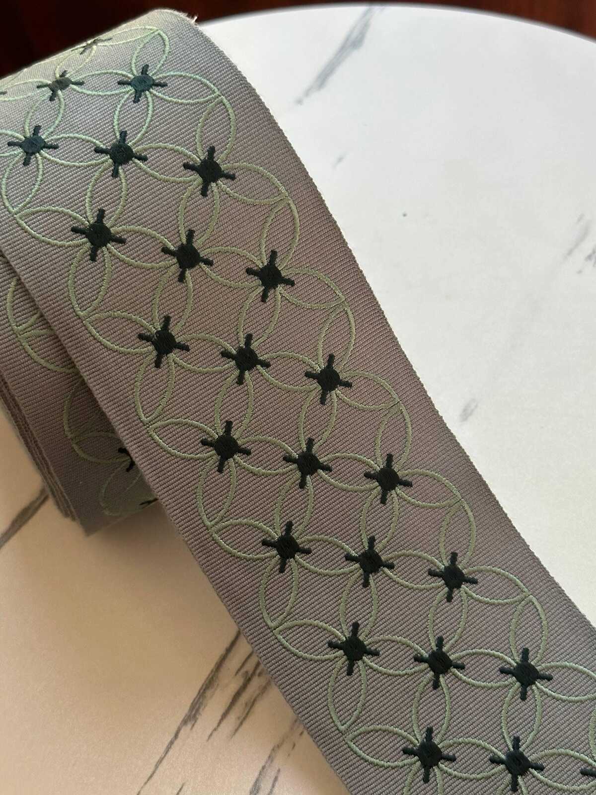 Sage Green Grey Geometric Flower Embroidered Grosgrain Canvas Webbing Ribbon Trim by the Yard, Wide Jacquard Border, 3.1"
