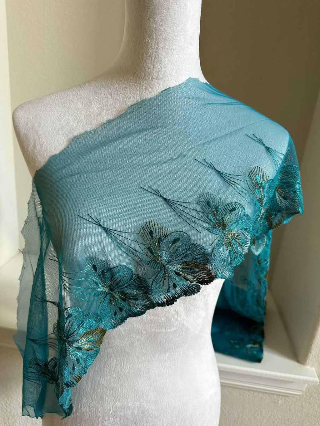 Peacock Blue Soft Mesh Embroidered Lace Trim by the Yard, Wide Scalloped Floral Tulle Ribbon for Bridal Gowns Lingerie, 8.5"