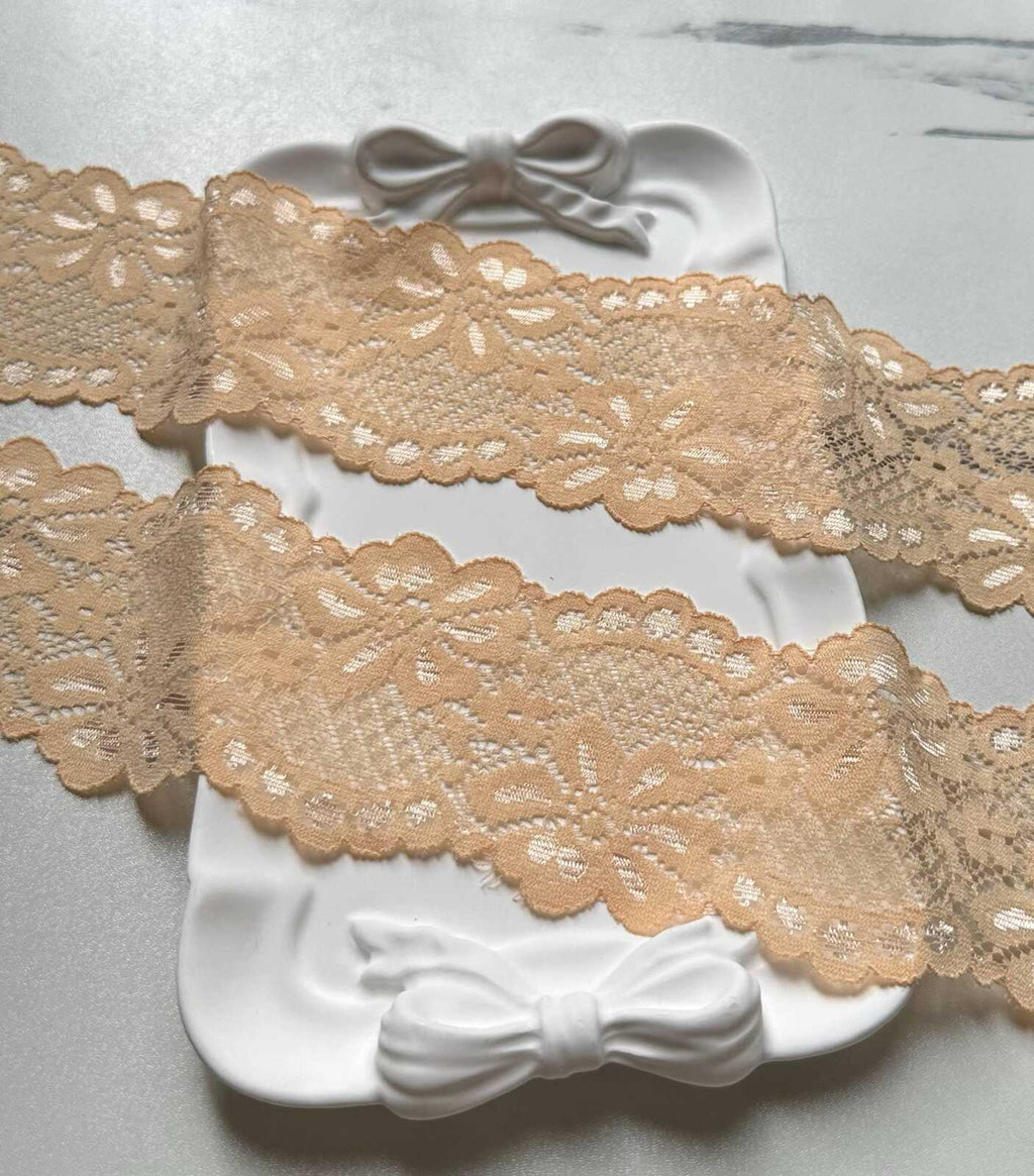 10yds Muted Apricot Peach Floral Slight Stretch Lace Trim Symmetrical Double Scalloped Thin Galloon Ribbon for Lingerie Underwear Crafts, 2"