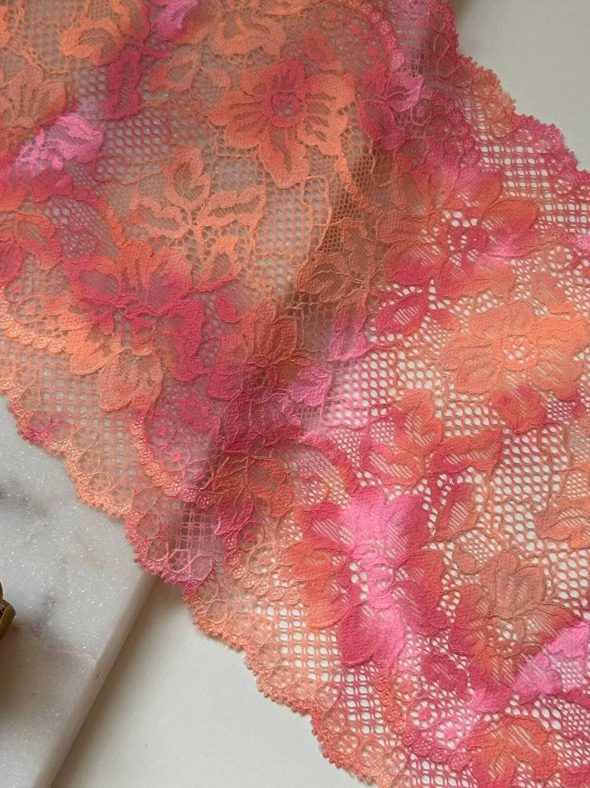 Ombre Pink Wide Lace Trim by Yard, 6.35" Sunset Elastic Ribbon, Coquette Y2K Lace, Lingerie Lace, DIY Sewing Craft, Retail Wholesale
