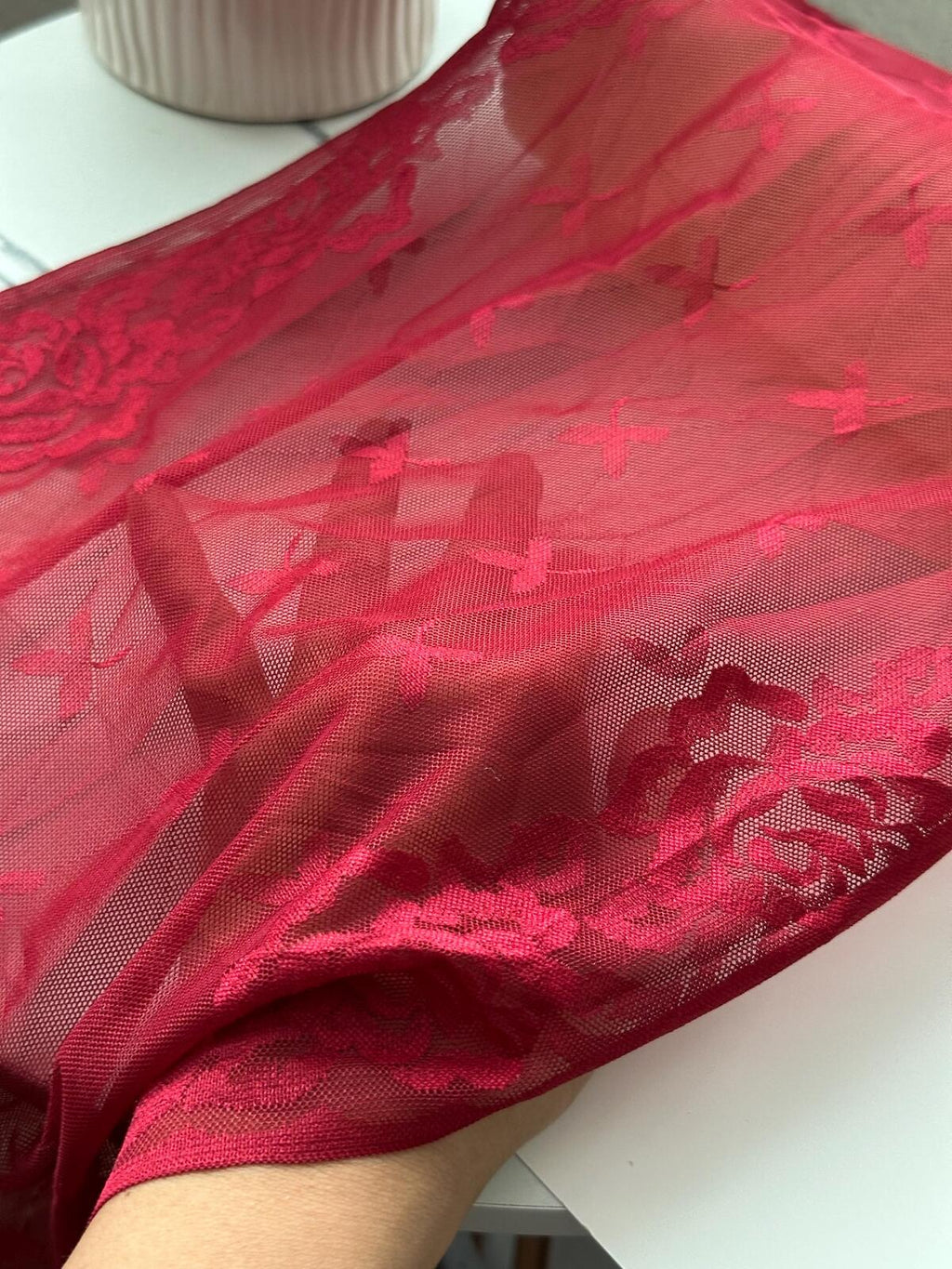 2Yds Stretch 11.6" Crimson Red Floral Cross Mesh Elastic Lace Trim Wholesale
