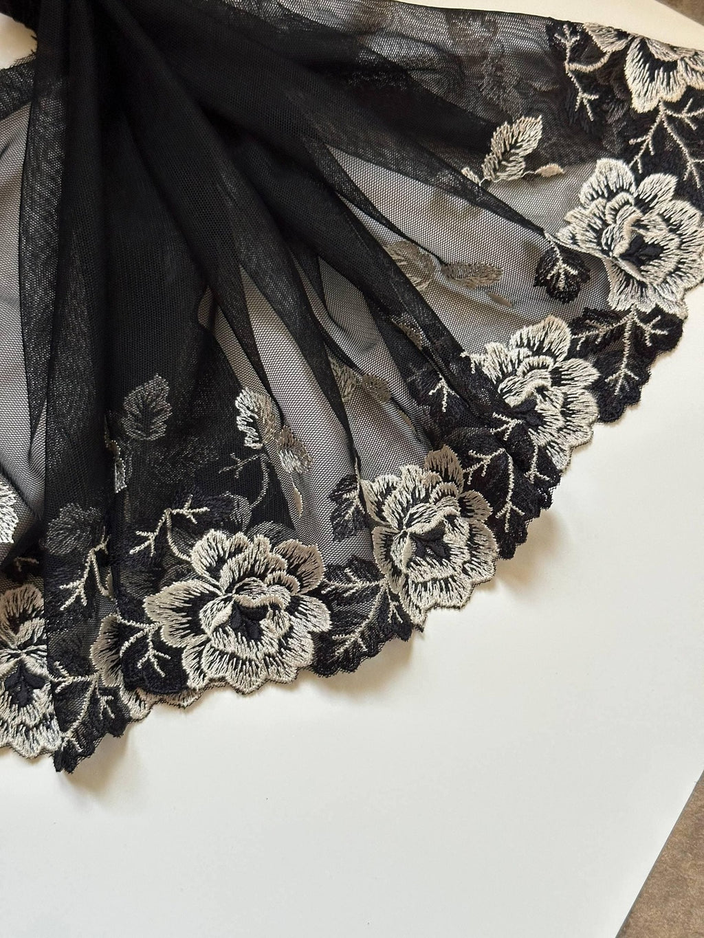 Black Ivory Embroidered Mesh Lace Trim, Extra Wide Tulle Border Ribbon, Coquette Craft Supply, 9", Retail Wholesale Bulk
