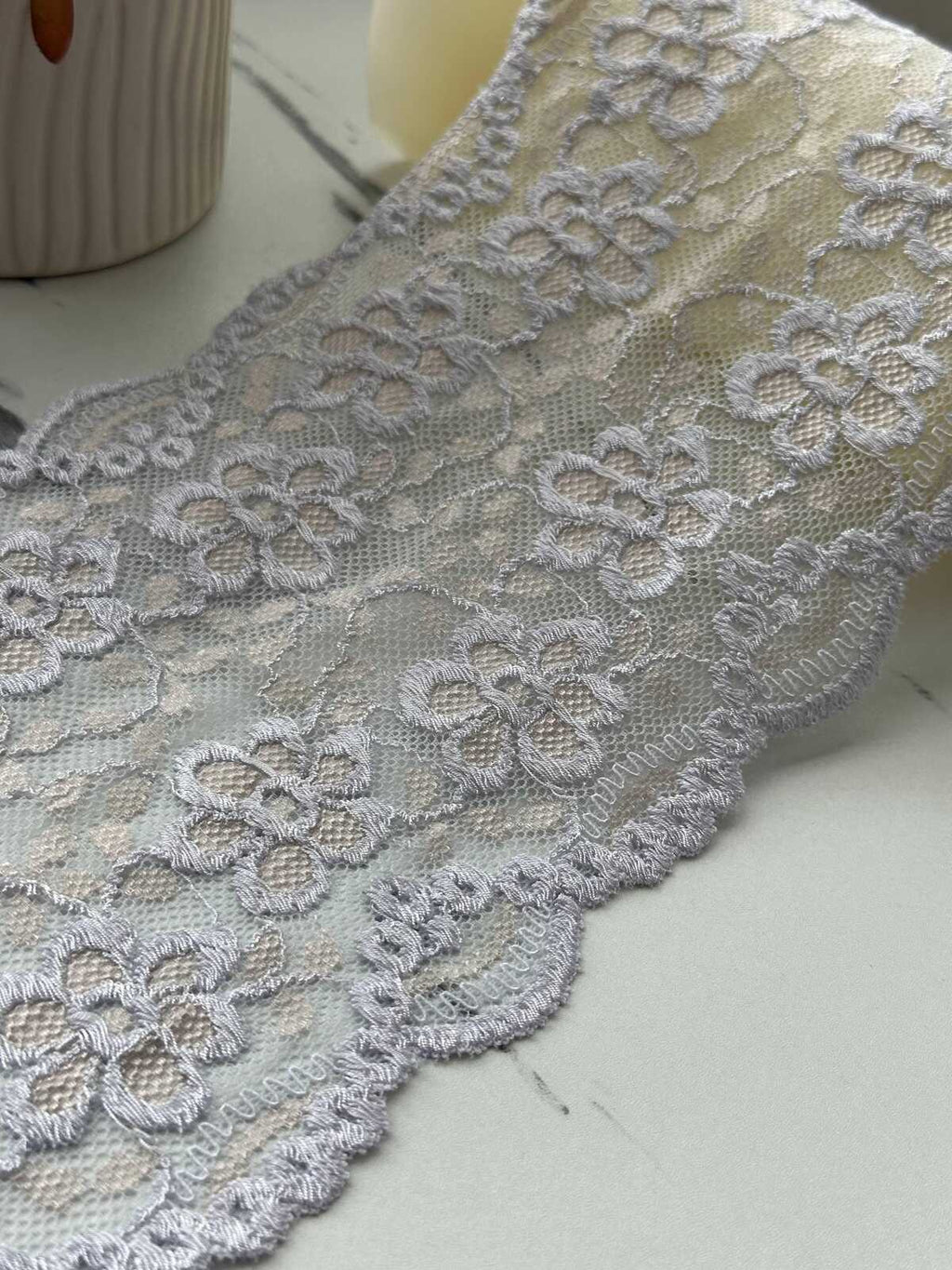1Yd Stretch 5.5" Muted Lavender Floral Embossed Stretch Lace Trim Wholesale
