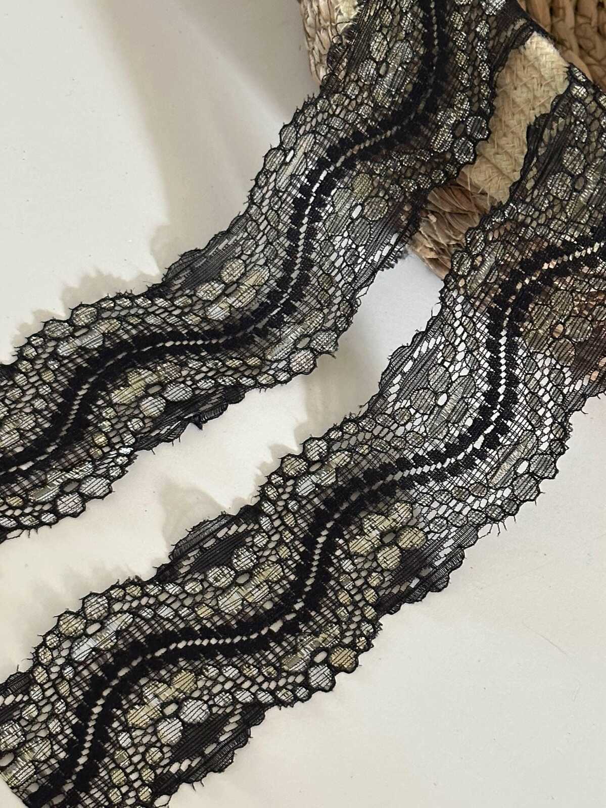 10yds Black Gold Metallic Lace Trim, 2" Rigid Ribbon, Bulk Clearance Coquette Y2K Lace, Garment Trim, DIY Sewing, Retail Wholesale