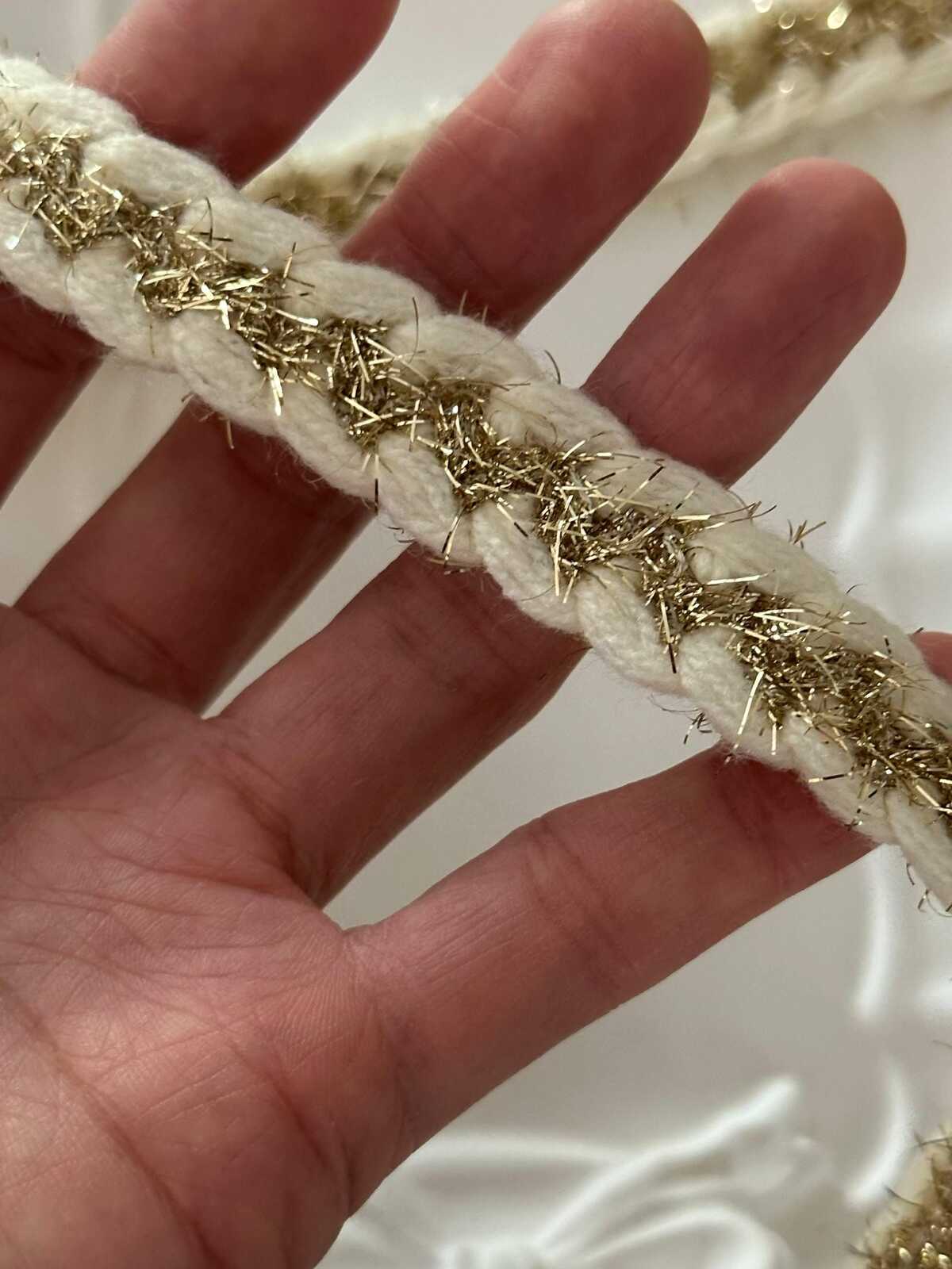 10yds Cream Gold Braided Trim, 0.5" Metallic Ribbon, Bulk Clearance Coquette Y2K Lace, Tweed Trim, DIY Sewing, Retail Wholesale