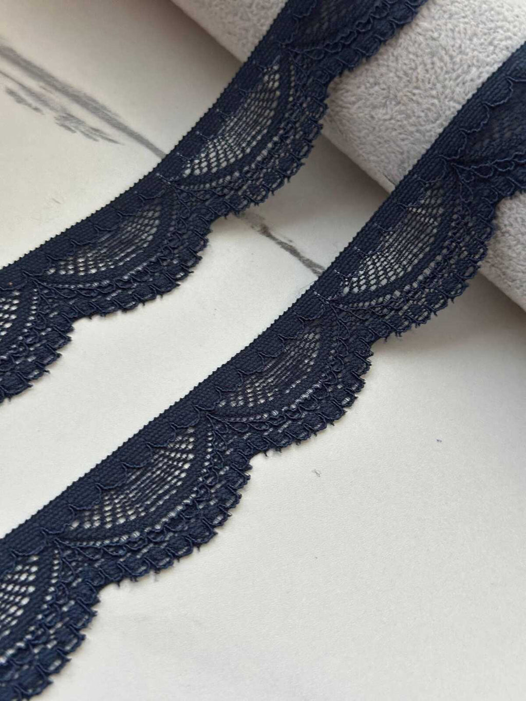 10Yds Stretch 1" Dark Navy Blue Scalloped Floral Stretch Lace Trim Wholesale