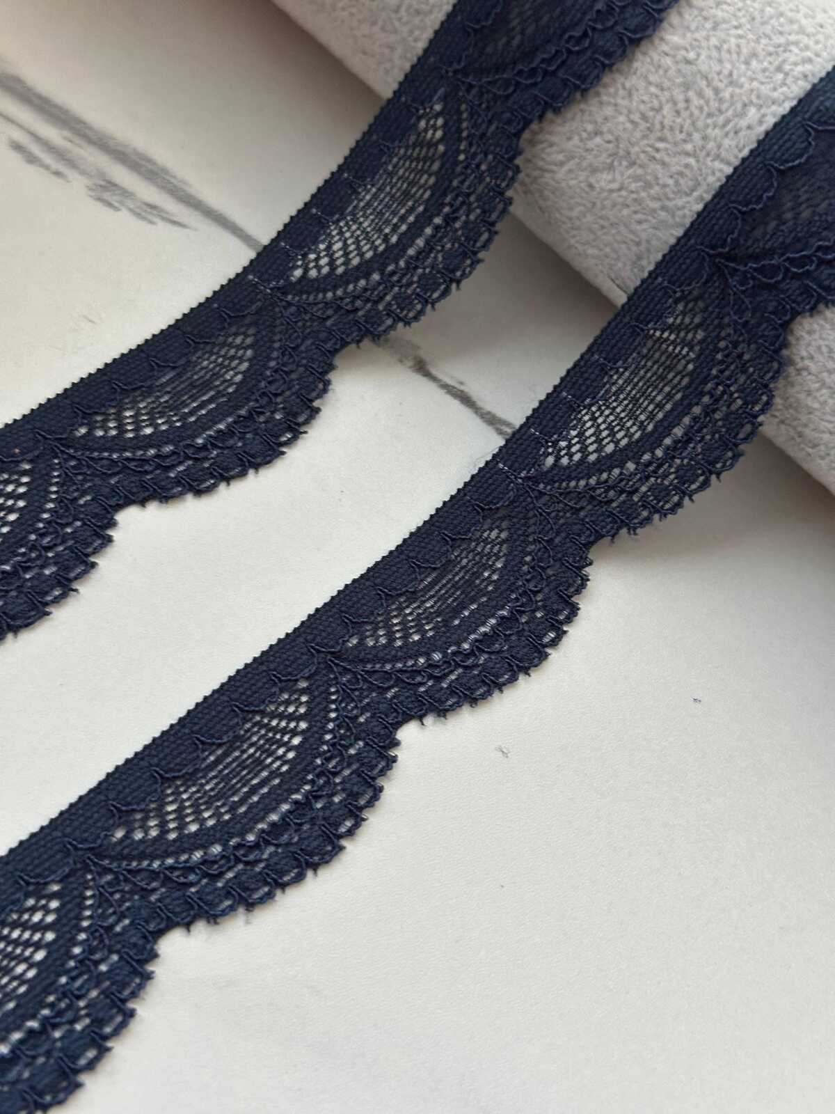10Yds Stretch 1" Dark Navy Blue Scalloped Floral Stretch Lace Trim Wholesale