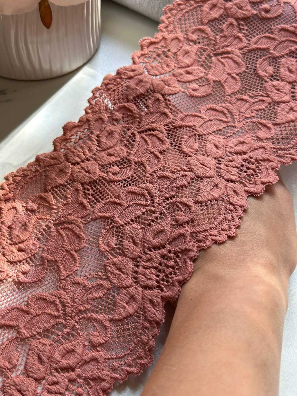 Dusty Rose Wide Lace Trim by Yard, 5" Floral Elastic Ribbon, Coquette Y2K Lace, Lingerie Lace, DIY Sewing Craft, Retail Wholesale