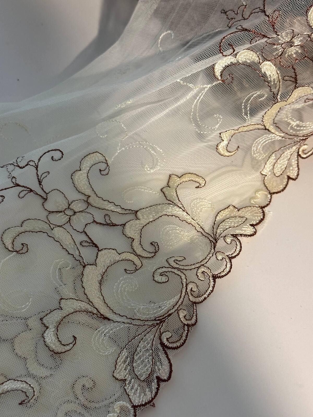 1Yd  9" Cream Beige Floral Embroidered Tulle Mesh Lace Trim, Wholesale