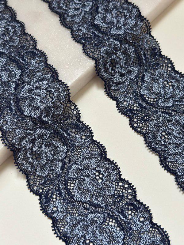 Navy Blue Floral Slight Stretch Lace Trim, 2.15" Gentle Elastic Ribbon, Lingerie Lace, Coquette Craft Supply, DIY Sewing, Retail Wholesale