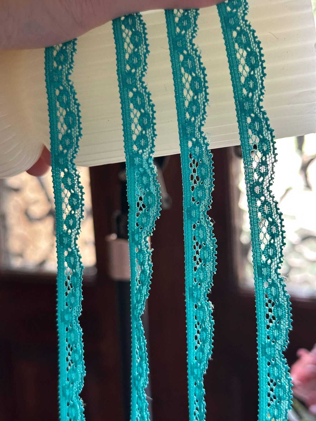10yds Muted Peacock Lake Green Geometric Stretch Elastic Lace Trim Single Scalloped Narrow Ribbon for Lingerie Underwear Crafts, 0.4"