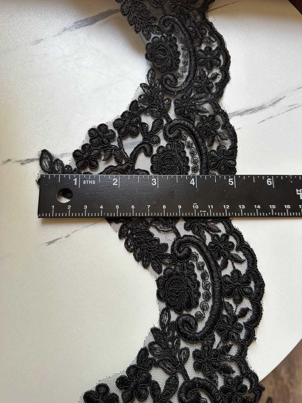 Black Corded Alencon Lace Trim by the Yard, Wide Bridal Lace Supply for Wedding Dress Couture Gowns Evening Veil Edge, 5" Max Width