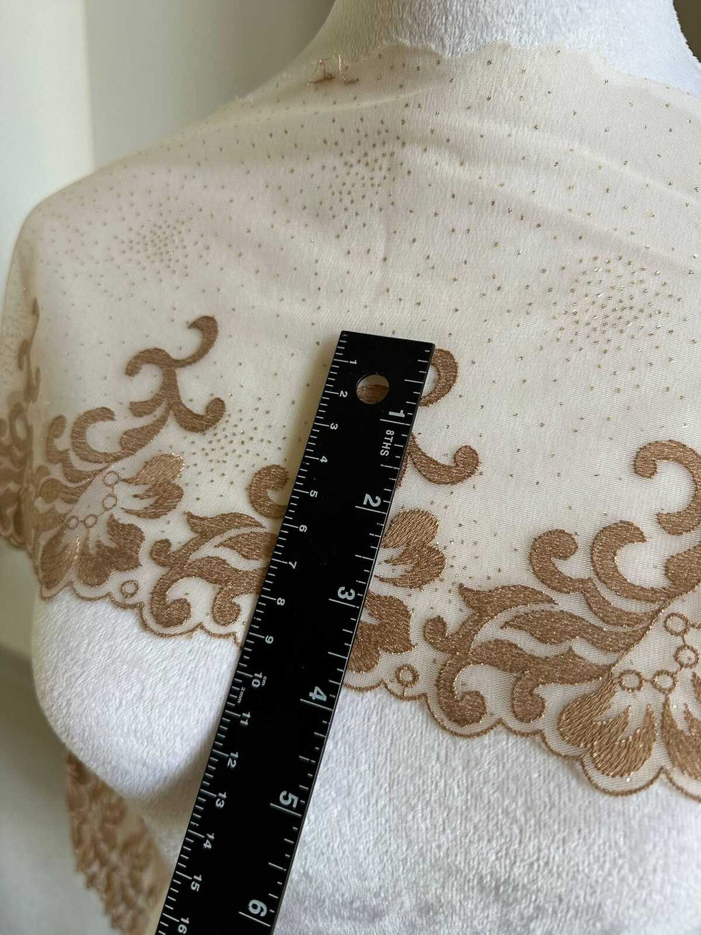 Glitter Gold Soft Mesh Embroidered Trim, Heavy Scalloped Floral Lace Fabric, 4 Inch Embroidery Border for Lolita Dress Ruffle, By The Yard