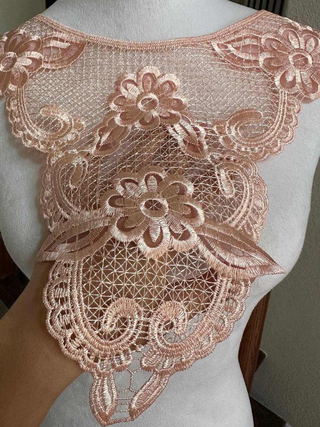 Muted Apricot Peach Mesh Floral Embroidered Collar Applique Detachable Lace Neckline Bib Motif for Dress Blouse Sewing, 11" x 18.5"